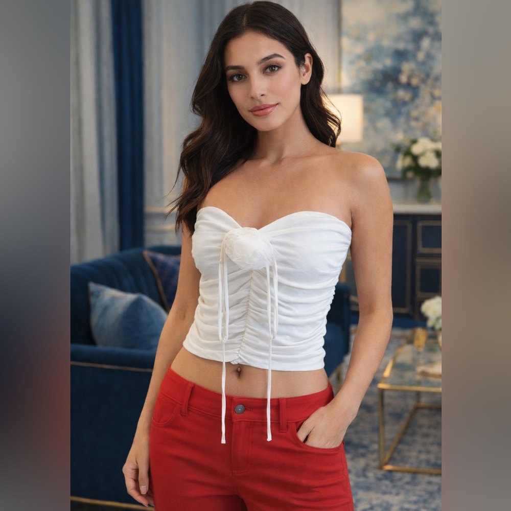 Just Polly Women’s Ivory Strapless Ruched Crop Top Rosette Detail Size Large